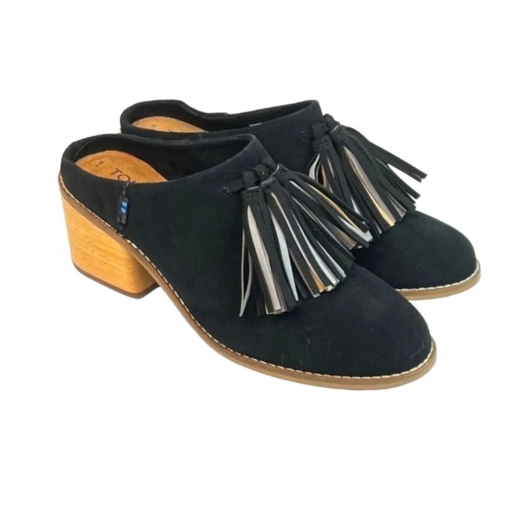 TOMS Black Suede Tassel Mules‎ Stacked Block Heel Pointed Toe Shoes 7.5